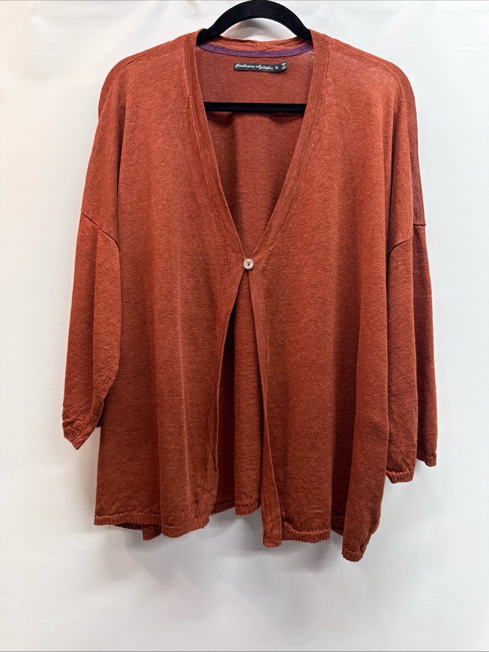GUDRUN SJODEN Women Single Button Linen Rust/Orange Lagenlook Cardigan Sz XL